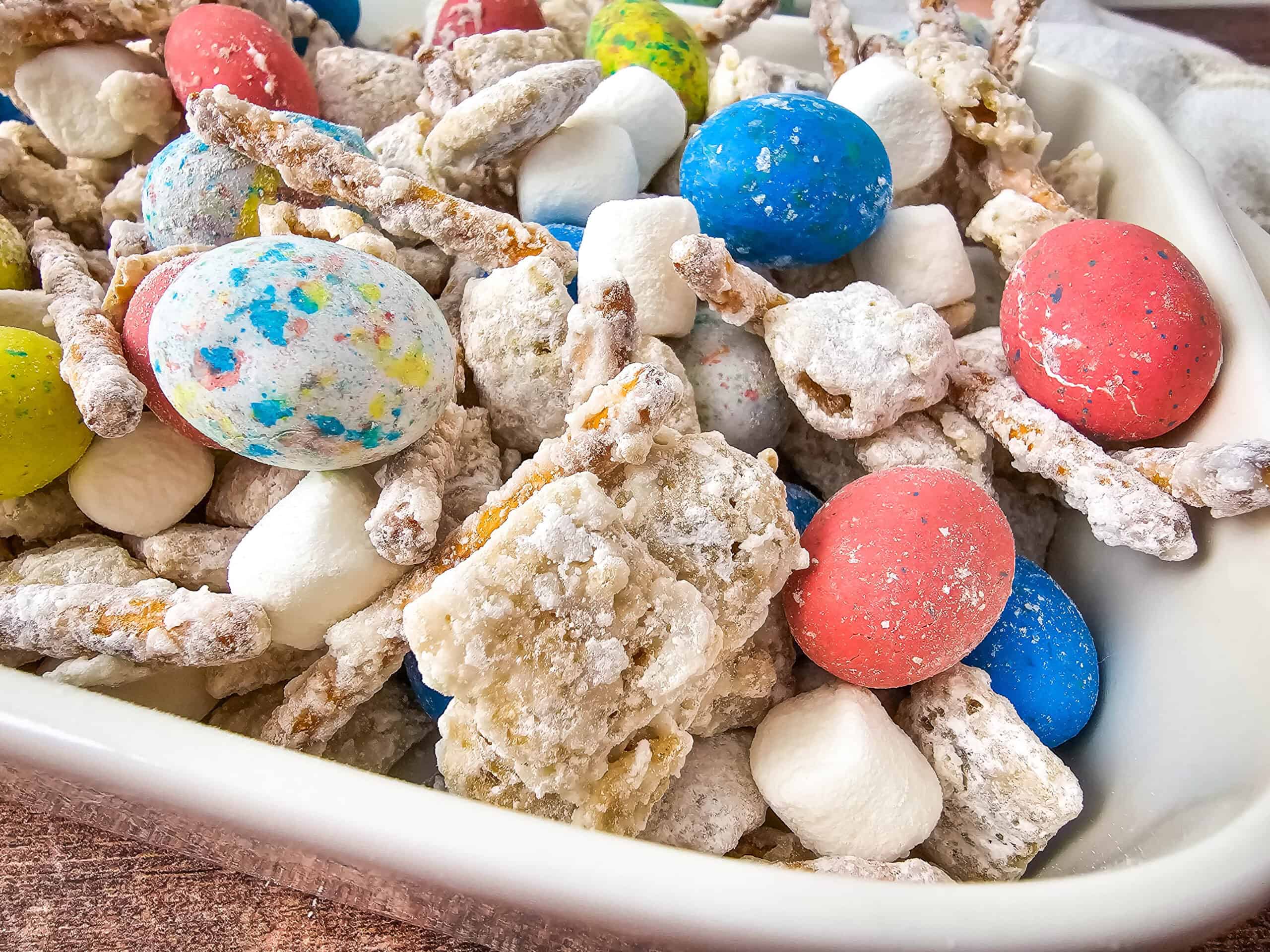 Completed mix of Easter Bunny Bait with colorful candies and marshmallows.